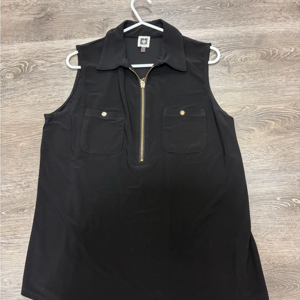 Anne Klein Black Short Sleeve Blouse with Gold Zipper And Button Detail Size L